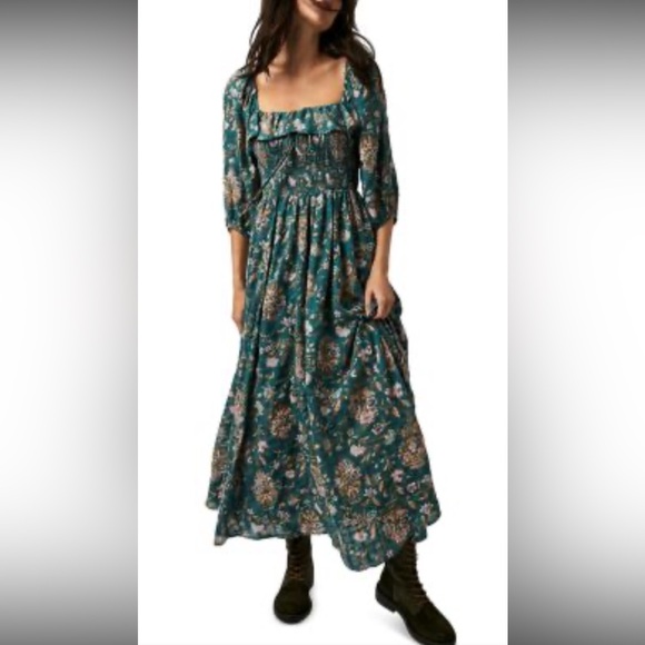 Free People Floral Long Sleeve Dress in Teal and Pink oasis midi - Picture 7 of 7